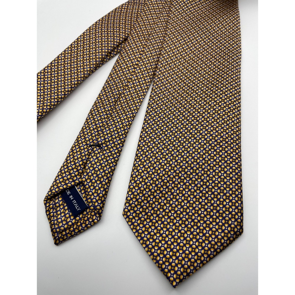 Geoff Nicholson Silk Tie Made in Italy Gold Navy Blue Geometric Micro Pattern